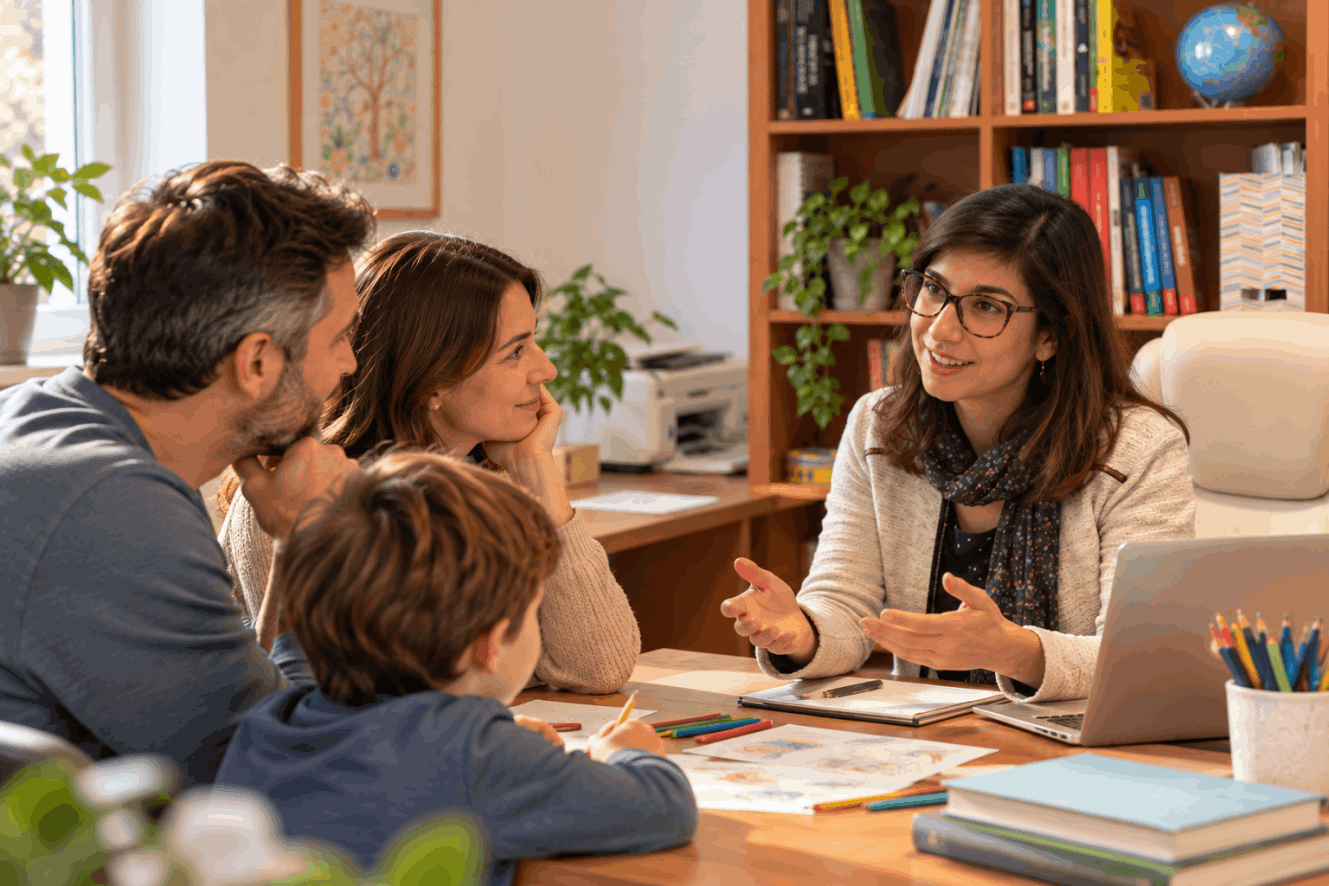 Genitori con bambino durante un incontro di parent training con una professionista